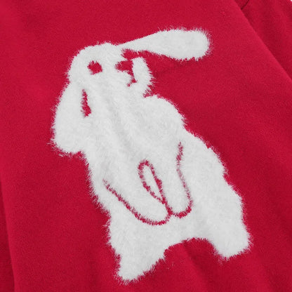 Cartoon Bunny Print Round Neck Knit Sweater
