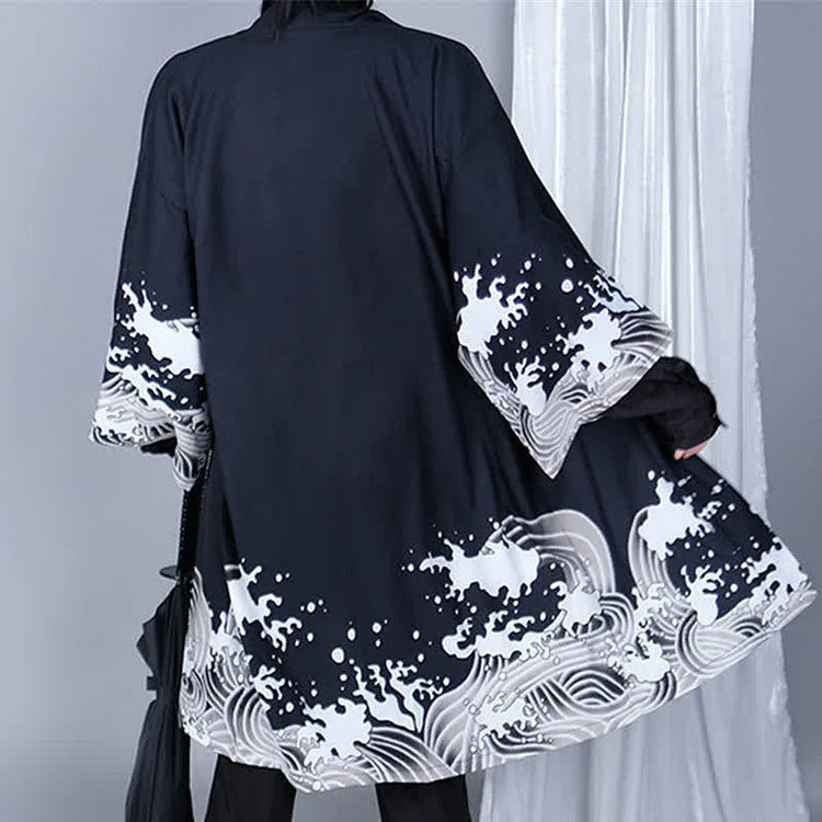 Vintage Wave Print Casual Cardigan Kimono Outerwear