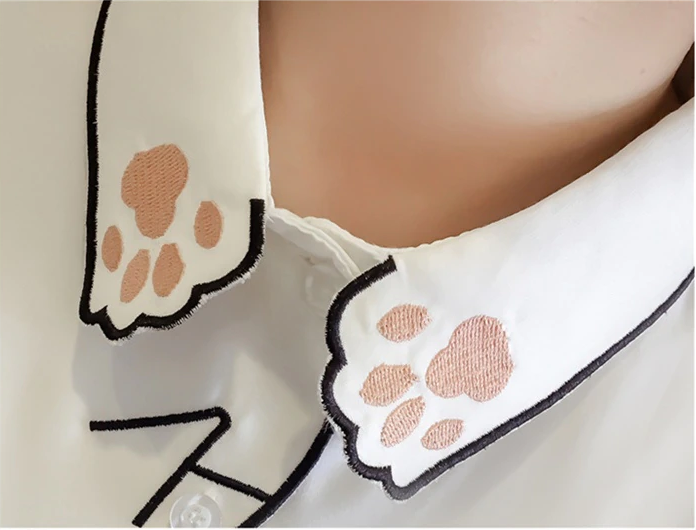Kawaii Kitty Cat & Paws Embroidery Collar Shirt
