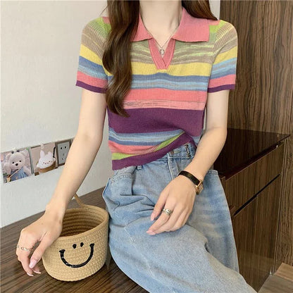 Chic Collar Rainbow Striped Colorblock Lapel Short Sleeve T-Shirt