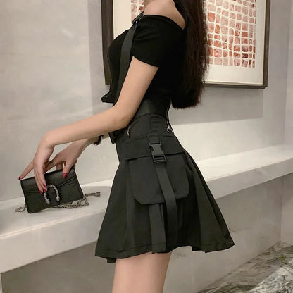 Street Off Shoulder Buckle Strap Zipper Crop Top Belted Pleated Skirt